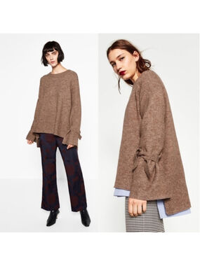 Women's Zara Brown Knit Crew Neck hi low Sweater with Tie Sleeves M